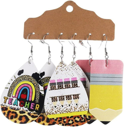3 Pairs Teacher Pencil Earring Teacher Leather Dangle Earrings Set Colorful Pencil Ruler Apple Rainbow Print Leather Earrings for Women Gifts Jewe...