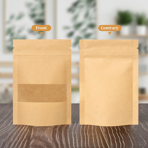 100 Pcs Resealable bags, 3.5" x 5.5" Sealable Stand Up Kraft Paper Bags with Matte Window, Zip Lock Food Storage Bags for Packaging Products...