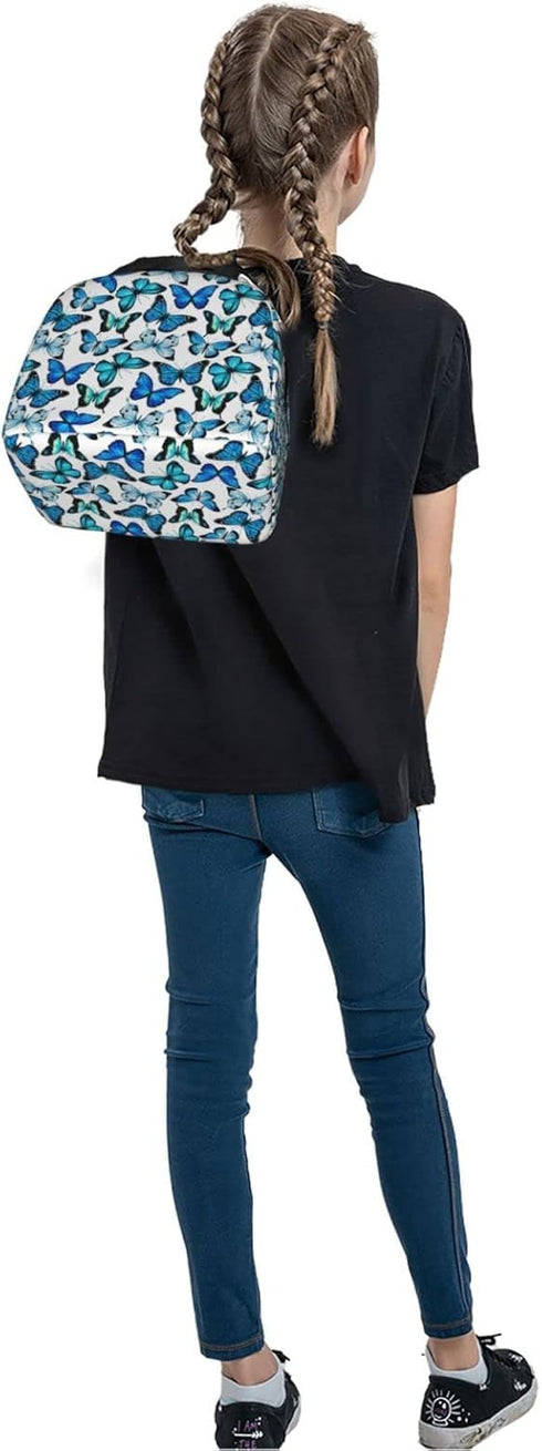 Insulated Lunch Bag Box for Women with Blue Butterfly Print Cooler Thermal Waterproof Reusable Tote Bag with Big Pocket for Work Office Picnic Col...