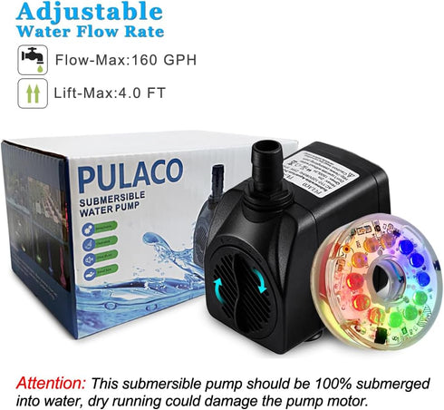PULACO 10Watt 160GPH Submersible Fountain Pump with Automatic Color Changing LED Light and flow regulator for Water Feature, Outdoor Pond, Aquariu...