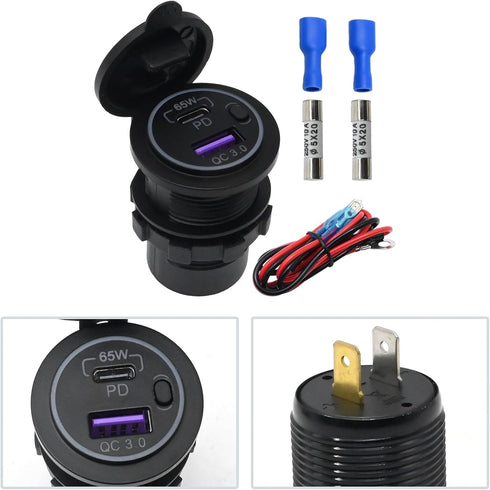 12V USB Car Charger Socket C Socket 65W PD3.0 Port and 18W Fast Charging 3.0 Car USB Charger Socket for Laptops/Tablets, Mobile Phones, Waterproof...