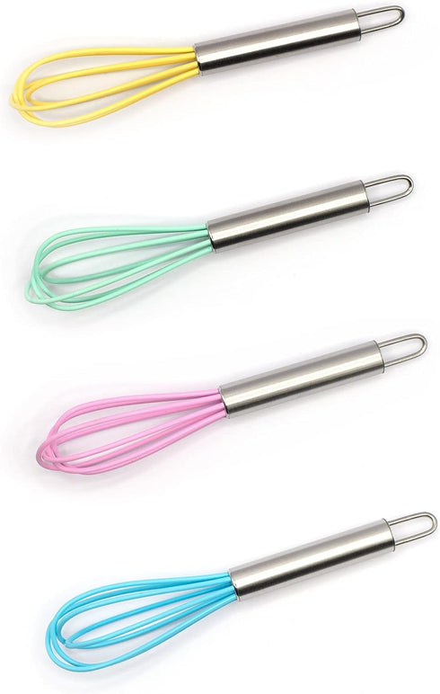 Mini Whisks 6 inch 4Pcs silica gel stainless steel Whisk, Hand Egg Mixer for Flour Cake Egg, Kitchen Cooking Baking Use Whisk ?purple?yellow?cyan?...