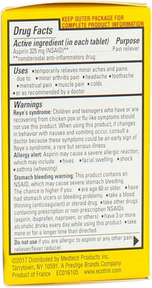 Ecotrin Regular Strength Aspirin, Arthritis Pain Relief, 325mg Regular Strength, 125 Safety Coated Tablets...
