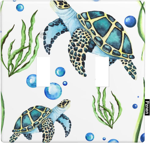 Sea Turtle Toggle Light Switch Cover Plate Underwater Ocean Turtle Green Seaweed Blue Water Bubbles Nautical Coastal 2-Gang Wall Plate for Home La...