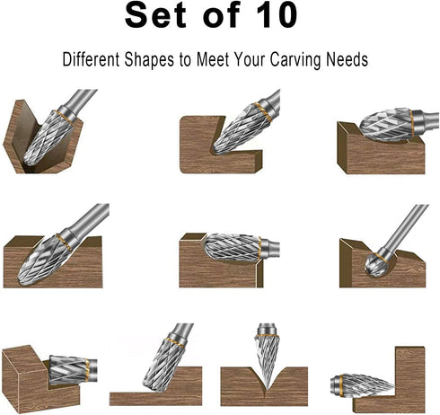 Carbide Burr Set Die Grinder Bits Rotary Tool Bits 1/8" Shank 10 PC Double Cut Wood Carving Accessories Cutting Burrs Metal Grinding Engraving Pol...