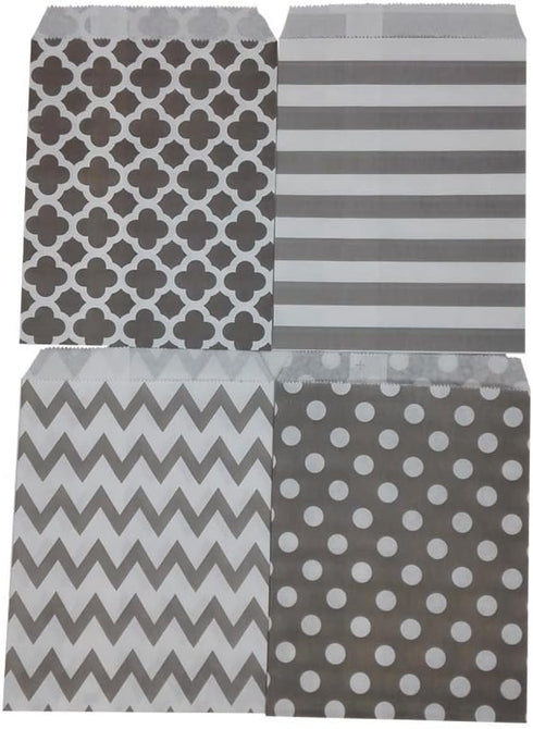 Biodegradable Paper Candy Cookie Bags - Food Safe Favor Bags for Parties - 100 Count, Assorted 4 Designs (Grey)...