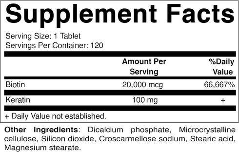 Vitamatic High Potency Biotin 20000 mcg (20mg) with Keratin 100mg - 120 Vegetarian Tablets - Biotin Supplements for Healthy Hair Skin & Nails for ...