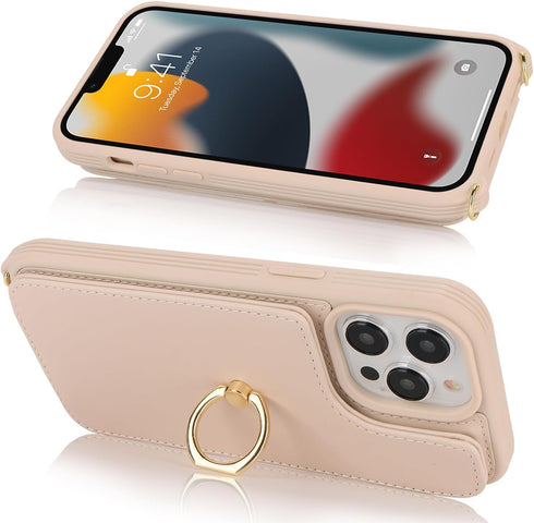 for iPhone 13 Pro Max/iPhone 12 Pro Max Case with Card Holder for Women,Crossbody Strap Lanyard,Credit Card Holder,Ring Stand,Snap Clasp,Wallet Ca...