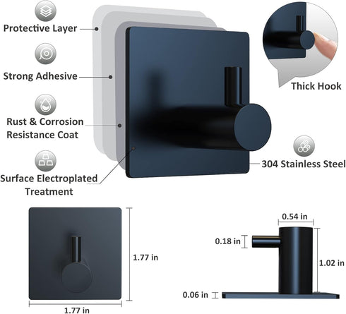 VIS'V Adhesive Hooks, Black Adhesive Towel Hooks Waterproof Self Adhesive Shower Wall Hooks Stainless Steel Stick on Hooks Heavy Duty Sticky Hooks...