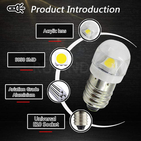 Ruiandsion 4pcs E10 LED Bulb 3V 0.6W 5050 1SMD White 6000K LED Replacement Bulb Upgrade for lamps Flashlights Torch Light,Negative Earth...