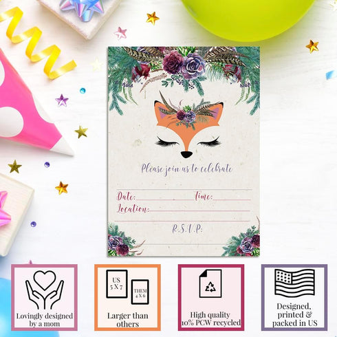 Woodland Forest Fox Face Floral With Greenery Birthday Party Invitations, 20 5x7 Fill In Cards with Twenty White Envelopes by AmandaCreation...