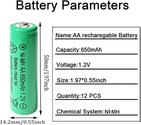 12 Counts AA 650mAh NiMH Rechargeable Batteries,1.2V Double A Battery for Outside Solar Lawn Light...