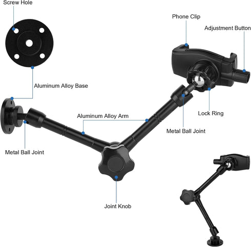 Truck Phone Stand 10" Length Arm for 3.5~7.5" iPhone/HTC/LG/Nexus/Huawei/Smartphones,Fit for Truck/Car/Vehicles/Boat,Multi-Angle Adjustable Alumin...