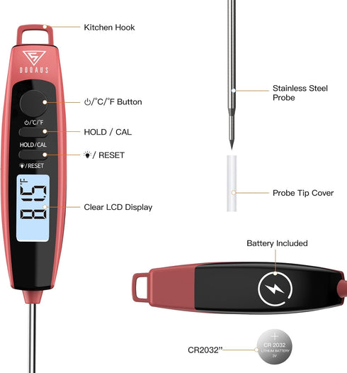 DOQAUS Digital Meat Thermometer, Instant Read Food Thermometer for Cooking Kitchen Candy with Super Long Probe for Turkey Grill Water Oil Deep Fry...