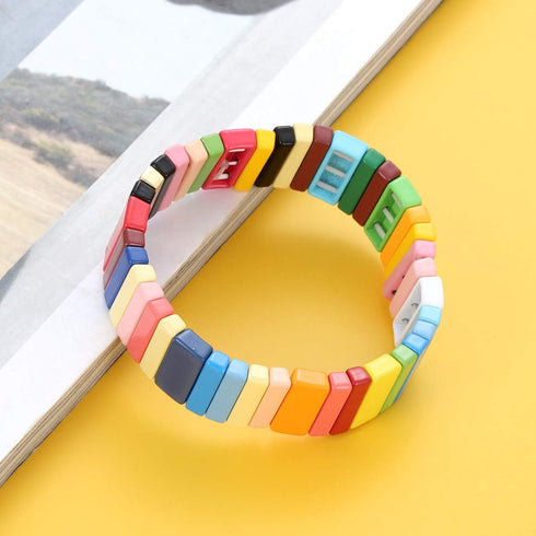 LENOOCLE Rainbow Enamel Tile Bracelet Colorful Enameled Beaded Stretch Bracelet Stackable Color-Block Strand Bracelet Set for Women Men...