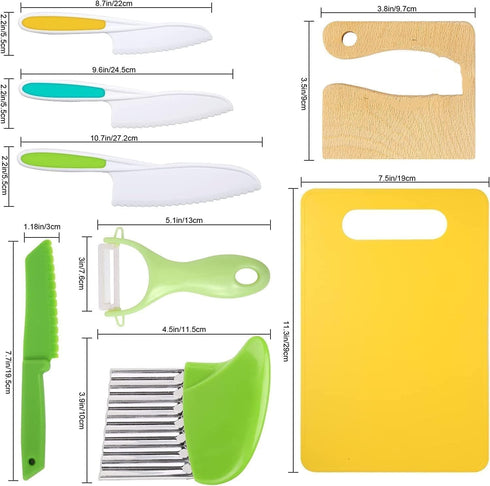 Leking 8 Pcs Wooden Kitchen Knife Set for Kids - Includes Safe Knives, Serrated Plastic Knives, Potato Slicers, Sandwich Cutter, Peeler and Cuttin...