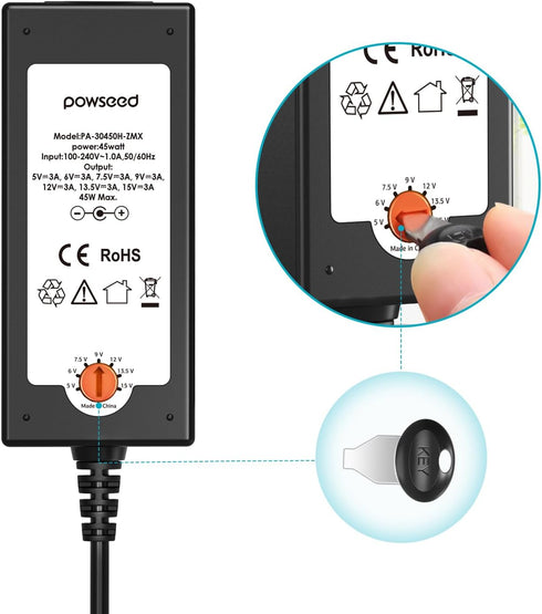 POWSEED Universal AC Adapter 45W 5V 6V 7.5V 9V 12V 13.5V 15V DC Power Supply 1A 2A 3A for Household Electronics Routers CCTV IP Cameras Speaker LE...