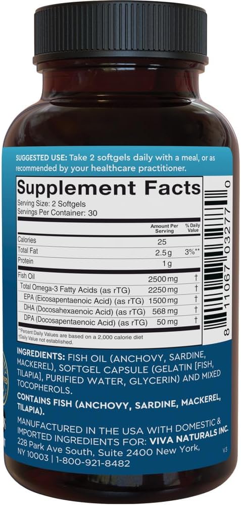 Viva Naturals Triple Strength Omega 3 Fish Oil Supplement - 2500 mg Fish Oil with Re-Esterified Omega 3 Fatty Acids Including EPA, DHA DPA - 60 Pe...