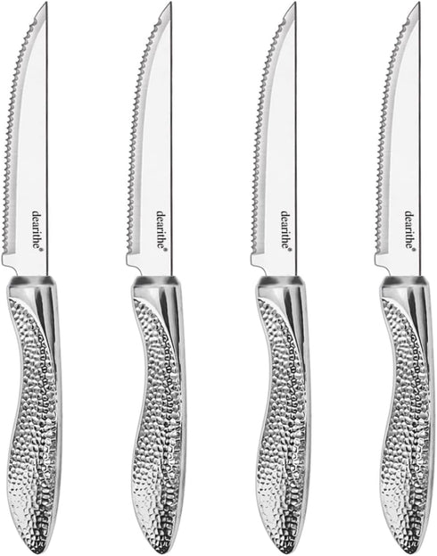 Steak Knives Set of 4, Stainless Steel Serrated Sharp Blade Flatware Steak Knife Set, Hammered Pattern Hollowed Handle,4.5 In,For Kitchen Restaura...