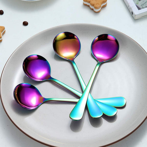 Berglander Rainbow Soup Spoons of 4, 7.5" Stainless Steel Titanium Plating, Multicolor Round, Easy To Clean, Dishwasher Safe...