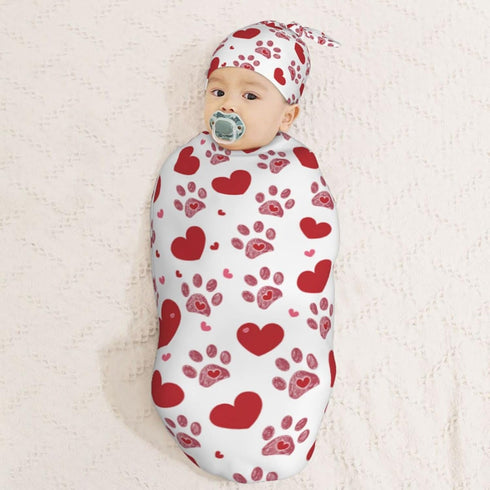 Love Hearts Dog Paw Print Newborn Swaddle Blankets Hat Sets Soft Baby Receiving Blanket Swaddle Sack for Baby Shower Infant Boy Girl Gift...