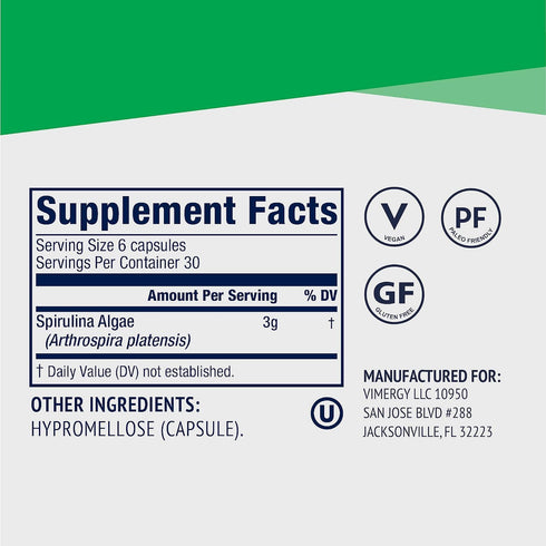 Vimergy Natural Spirulina Capsules – Super Greens Supplement – Nutrient Dense Blue-Green Algae Superfood Capsules - USA Grown, Non-GMO, Soy-Free, ...