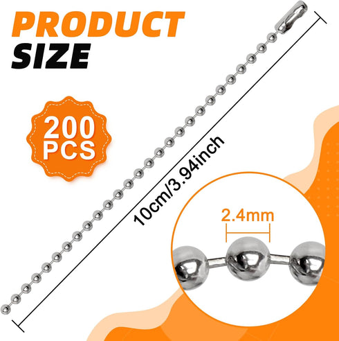 200 pcs 100 mm Long Bead Connector Clasp Ball Chains Keychain Tag Keychain Ball Chain 2.4 mm Diameter Adjustable Antiqued Metal Bead Steel Chain...