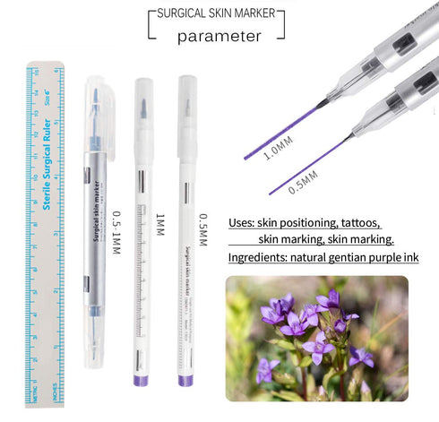LabAider 6Pcs Professional Surgical Tip Skin Marker Pen Sterile Tattoo Stencil Markers Pen with Paper Ruler for Eyebrow, Lips - Individually Wrapp...