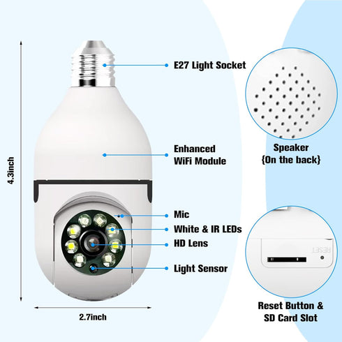 Light Bulb Security Camera 2K 2.4GHZ / 5GHz WiFi Camera with Night Vision, Remote Control Outdoor Camera Motion Detection & Tracking Surveillance ...