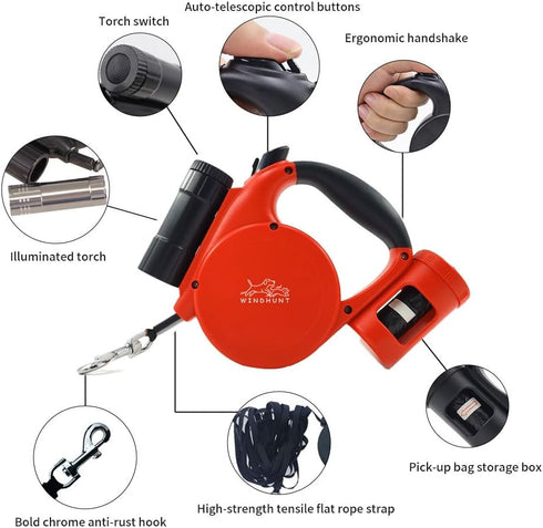 Retractable Dog Leash with Flashlight,Dispenser and Poop Bag Heavy-Duty Nylon Tape for Small,Medium Dogs and Cats One-Handed Brake and Lock.360°Ta...