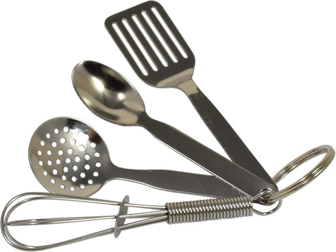R&M International Mini 3.5" Kitchen Tool Set with Keychain, Includes Whisk, Spatula, Spoon, and Skimmer,Silver...
