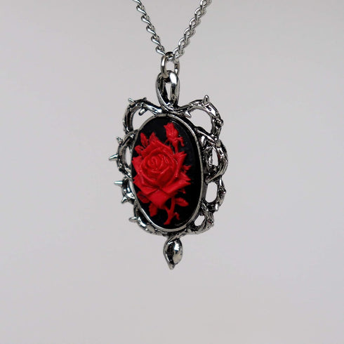 Gothic Red Rose Cameo In Thorns Pendant Necklace...