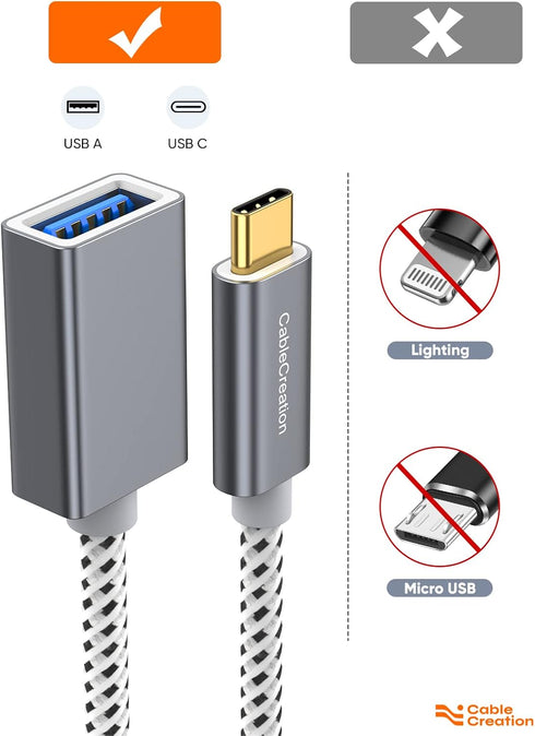 CableCreation 2-Pack USB3.1 USB Female to USB C Adapter 0.5FT/0.15m, USB C to USB A Female Adapter, Braided OTG 5Gbps Data, USB A to C Cable for M...