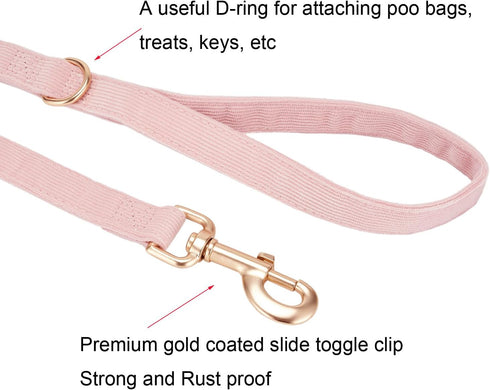 Soft Cotton Dog Leash, 5 Ft Heavy Duty Corduroy Dog Leashes with Gold Metal Hook for Small Medium Large Dogs,Small,Light Pink...