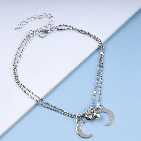 Boho Layered Moon Anklet Bracelet Tiny Moon Crescent Anklet Double Silver Moon Dangle Ankle Bracelet Small Bell Anklet Summer Beach Foot Chain Jew...