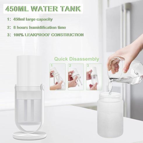 Portable Humidifier with Night Light, Bedroom Humidifier 450ml, Personal Desktop Humidifier for Baby Bedroom Travel Office Home, Living Room Air H...