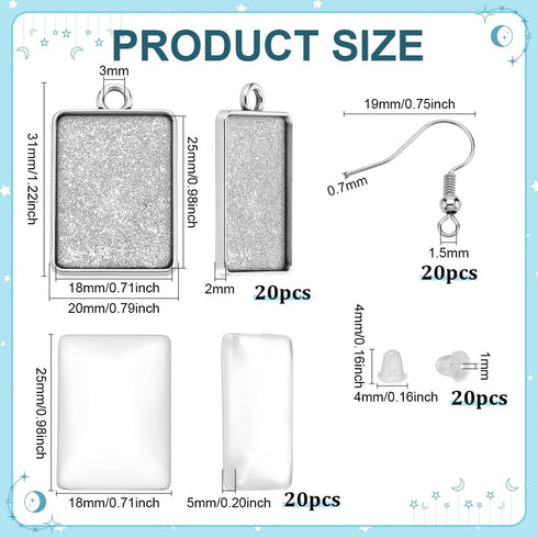 PH PandaHall 20pcs Cabochon Earring Bezel Pendant Tray, Tibetan Alloy Rectangle Earring Cabochon Settings 20 Transparent Glass Cabochons and 20 Br...