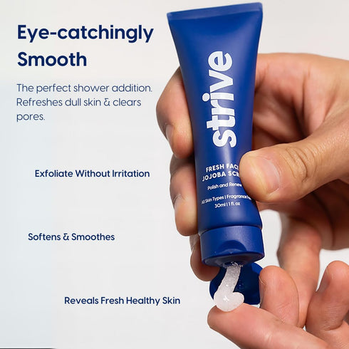 Strive - Fresh Face Jojoba Scrub - Mens Face Scrub, Fragrance Free, Smooth, Clear Skin, Refreshing with Aloe Vera, Centella Asiatica, Hyaluronic A...