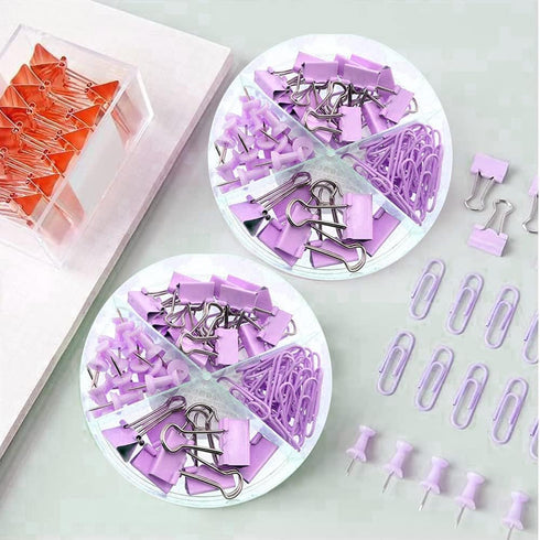 Purple Paper Clips and Binder Clips Set, 216 pcs, Metal Assorted Sized Binders with Push Pins, Cute Office Supplies for Desk, Durable Desk Accesso...
