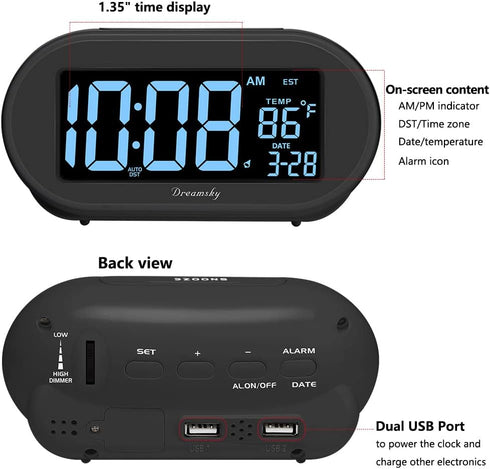 DreamSky Alarm Clocks for Bedrooms, Auto Set Digital Desk Clock for Bedside Nightstand, Electric Clock with Dimmable Brightness Dimmer, Auto DST, ...