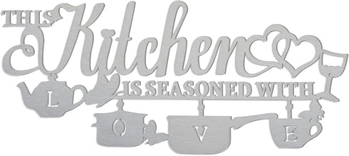 Metal Kitchen Wall Decor, This Kitchen is Seasoned with Love Word Name Sign Hanging Wall Art Hanging Sculptures, Silvery Rustic Iron Letters Quote...