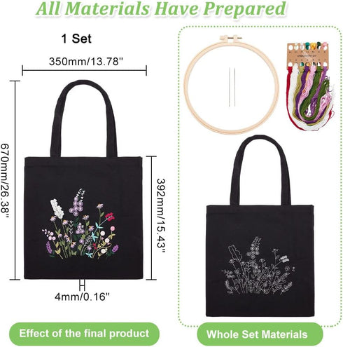 WADORN DIY Canvas Tote Bag Embroidery Kit, Black Personalized Canvas Bag Kit Flower Cross Stitch Kit with Pattern DIY Crafts Embroidery Starter Ki...