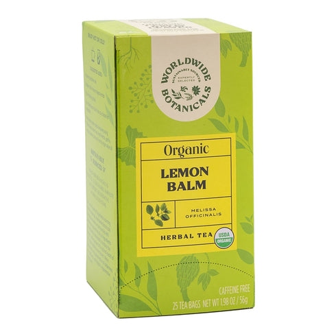 Worldwide Botanicals Organic Lemon Balm Tea - 50% more herbs with 2.25g per tea bag - 100% Pure Lemon Balm Leaves, Kosher, 25 tea bags...