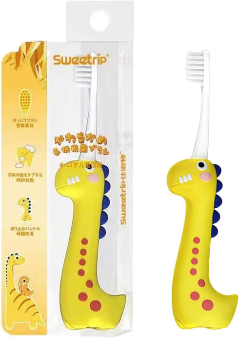 Dinosaur Kids Toothbrush, 0.12mm Soft Filament Toddler Toothbrush for Kids 6-12 Make Brushing Fun and Protect Kids Delicate Teeth (Yellow, 1PC)...
