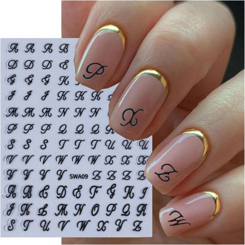 6 Sheets English Letters Nail Stickers for Nail Art Supplies 3D Self-Adhesive Gold White Laser Black Retro Letters Design Nail Art Stickers Alphab...
