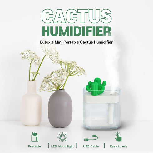 Eutuxia Mini Portable Cactus Bottle Caps Humidifier with USB Cable, Perfect for Home Office Car Airplane Bedroom Etc, Cool Soothing Mist & LED Moo...