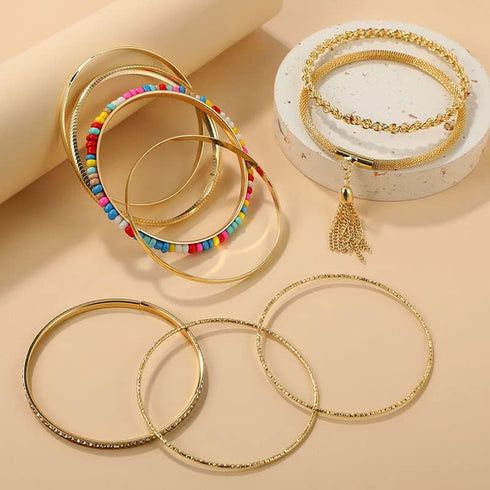 COLORFUL BLING Boho Gold Indian Multi Cuff Bangle Bracelet Layered Rhinestone Pearl Stackable Cable Smooth Bracelet Set Bohemian Jewelry for Women...