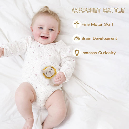 Youuys Wooden Baby Rattle Toys, Easter Rattle for Baby Crochet Lion Rattle Toy Natural Wood, Shaker Rattle for Hand Grips, Boy Girl First Rattle G...