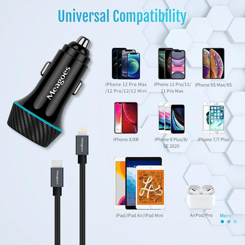 Fast USB C Car Charger, Meagoes 48W Dual Rapid Charging Adapter with PD3.0&QC3.0, Compatible with Apple iPhone 13/12/Pro/Max/Mini/11/XS/XR/X/8 Plu...