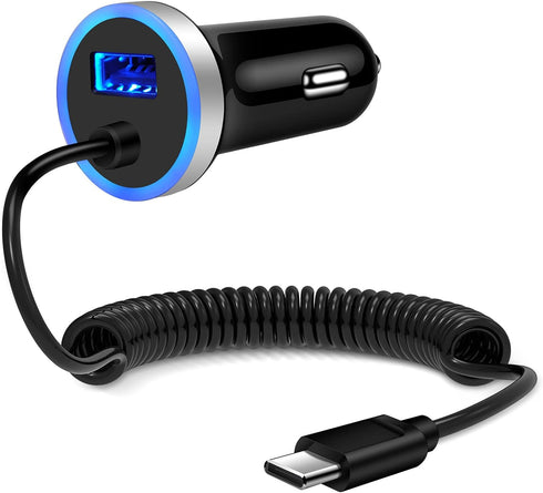 USB C Car Charger,3.4A Fast Car Charging Lighter Adapter+3ft Type C Coiled Cable for Samsung Galaxy S24 S23 S23+ S23 Ultra A15 A54 A14 A13 A53 S22...